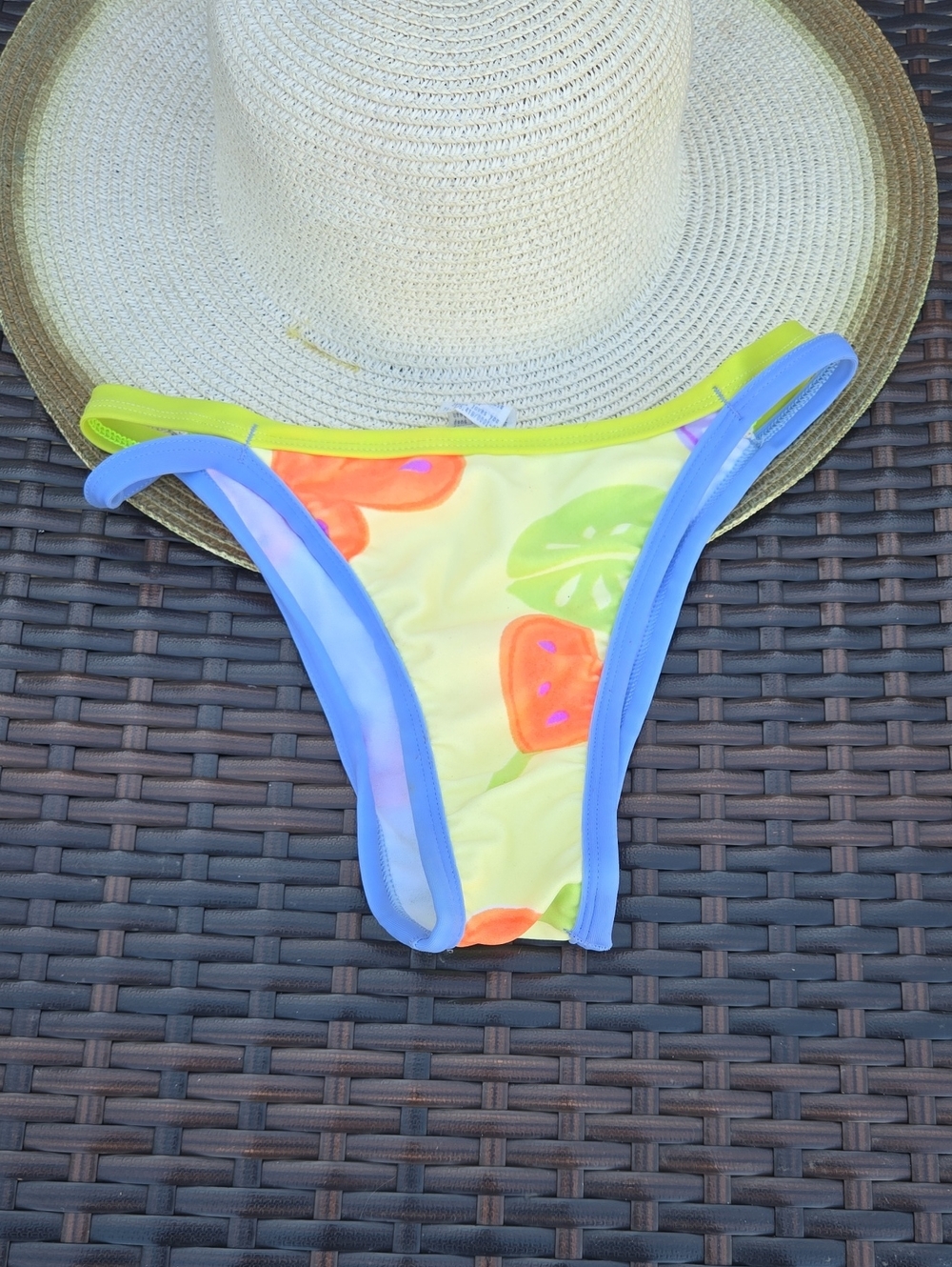 Womena Yellow Fruit-Print Bikini Bottom with Blue Trim